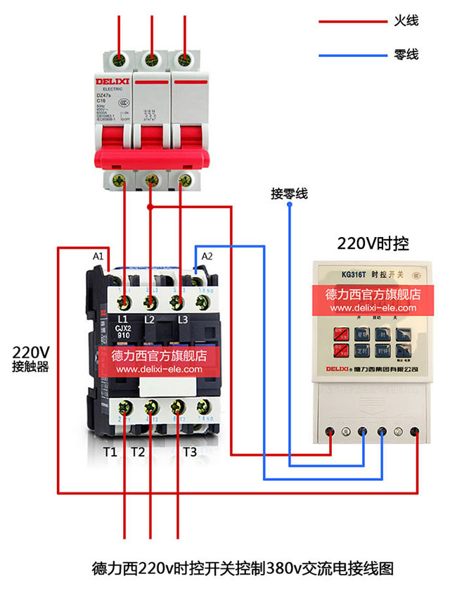 德力西220V時(shí)控開(kāi)關(guān)控制380V交流電接線圖