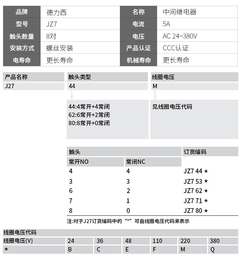 德力西接觸式中間繼電器 JZ7-44 德力西正品中間繼電器選型 電壓24V/36V/220V/380V可選