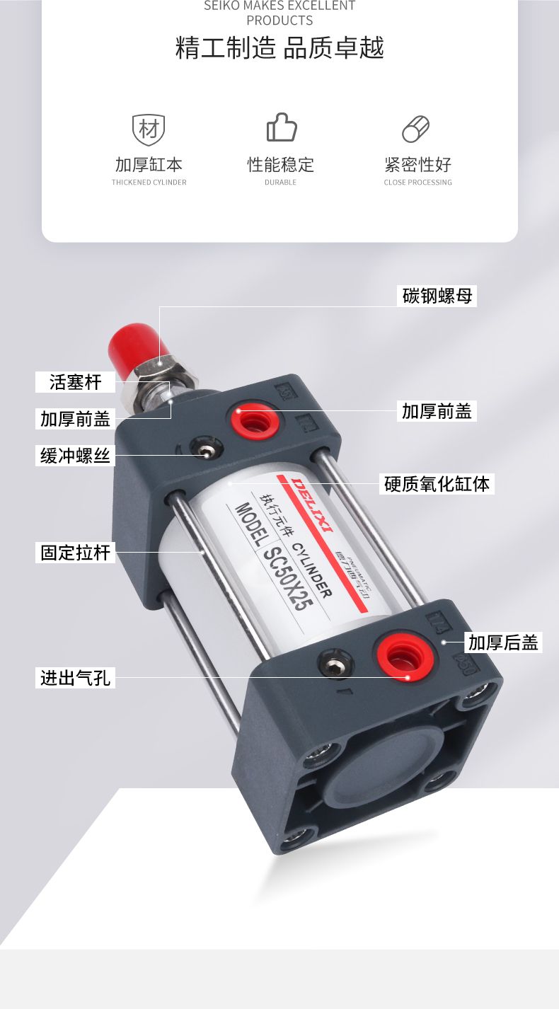 德力西SC氣缸 德力西氣缸 標準復動型氣缸 默認不帶磁不帶安裝支架 可定制帶磁氣缸 可搭配CS1-F/CS1-U磁性開關